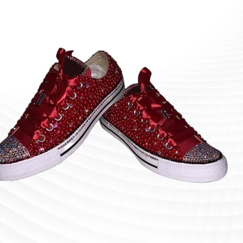Красная парусиновая обувь с красной лентой, удобные кроссовки для ходьбы, лента ручной работы, жемчуг, горный хрусталь, Вулканизированная обувь 35-46