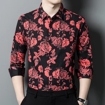 Красная Хлопковая Повседневная Мужская рубашка с длинным рукавом и цветочным 3D принтом для джентльмена, Весеннее Новое качество, Мягкая Удобная Мужская рубашка большого размера
