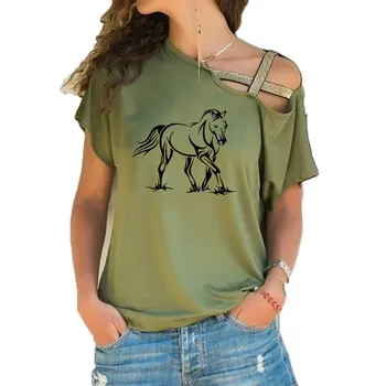Креативная женская футболка с принтом крутой лошади с коротким рукавом, повседневная футболка для девочек, женские топы с косой повязкой, футболка с нерегулярной перекладиной
