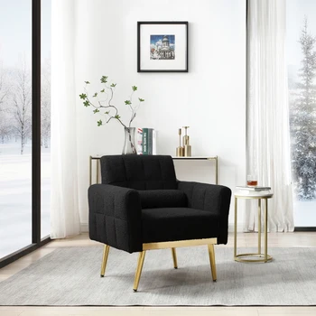 Кресло с акцентом из черной плюшевой ткани, современное боковое кресло с золотыми ножками, Диванные кресла, кресло для чтения в гостиной, спальне, зале ожидания