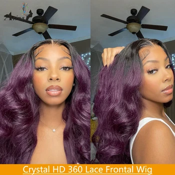 Кружевной парик Ombre Crystal HD фиолетового цвета, кружевной парик спереди, человеческие волосы, объемная волна, бразильские волосы, 360 кружевных фронтальных париков, отбеленные узлы