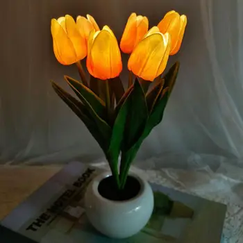 Лампа в цветочном горшке с тюльпаном Реалистичный Вид С питанием от батареи 6 головок Без бликов Широкое Применение Декоративная Керамическая имитация Tulip F