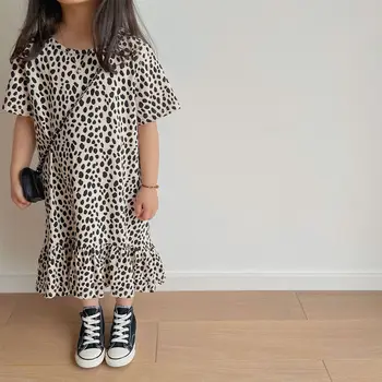 Летнее платье для девочек, платья с коротким рукавом и леопардовым принтом, повседневное Свободное детское длинное платье