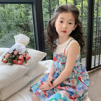 Летнее платье-комбинация для девочек с цветочным рисунком без рукавов 2023, сарафан из двух частей, модная универсальная корейская версия длиной до колена