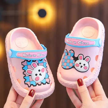 Летние детские пляжные тапочки с рисунком кролика для девочек, уличные сандалии с мягкой подошвой, нескользящая домашняя обувь для малышей, горки Pantuflas