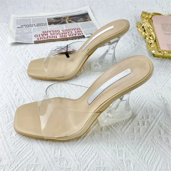 Летние женские босоножки Прозрачные туфли на высоком каблуке с украшениями в виде кристаллов, Пикантные модные шлепанцы на массивном каблуке с квадратным носком