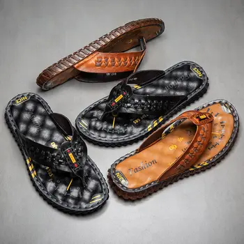 Летние мужские тапочки в елочку из воловьей кожи, кожаные сандалии для мужчин, модная уличная противоскользящая пляжная обувь на клипсах