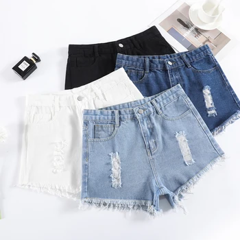 Летние Тонкие женские джинсовые шорты с рваными дырами, Уличная мода, Высокая талия, Свободные Короткие джинсы в корейском стиле, женские, Черные, Белые, синие