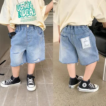 Летние шорты-карго для мальчиков, детские повседневные джинсовые короткие брюки с эластичной резинкой на талии, Свободные однотонные детские брюки, Шорты для мальчиков, одежда