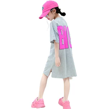 Летняя футболка с длинными рукавами для девочек, Свободный модный дизайн с разрезом, повседневные топы с надписями для подростков, футболки, Корейская детская одежда от 4 до 14 лет
