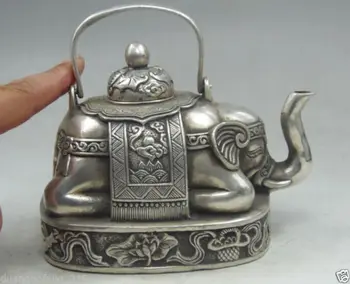Медно-латунный чайник ручной работы, украшенный старинным Тибетским серебряным резным чайником в виде слона.
