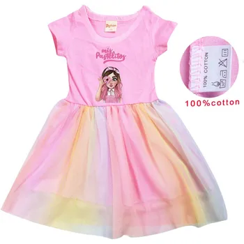 Милая футболка Mis Pastelitos, Радужное Газовое сетчатое платье, повседневная одежда для детей, Платья принцесс для маленьких девочек, Детские праздничные платья