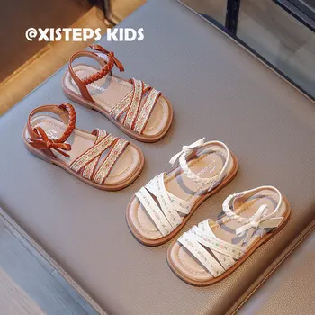 Милые сандалии для девочек с цветочным рисунком, нескользящие детские пляжные сандалии на мягкой подошве, летняя обувь для малышей 2023 года, бежево-коричневая школьная обувь