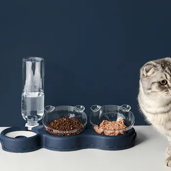 Миски для собак и кошек 3 в 1, миски для подачи воды, миски для двойных кормов для кошек с автоматической бутылкой для воды, набор мисок для влажного и сухого корма для кошек