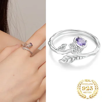 Модное летнее кольцо из стерлингового серебра 925 пробы с Баухинией открытого размера, Регулируемое кольцо с фиолетовым цветком циркона для женщин, романтические изысканные украшения