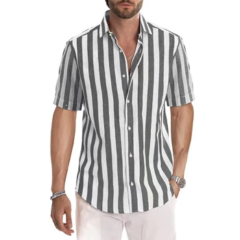 Модные Гавайские мужские рубашки в полоску, Свободные топы с коротким рукавом, Повседневные льняные пляжные рубашки на пуговицах, мужская Тонкая Дышащая летняя одежда