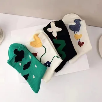 Модные и Персонализированные Хлопчатобумажные Носки с Рисунком из Мультфильма Цветок Белое Облако Love Cute Girl Kawaii Solid Mid Tube Socks