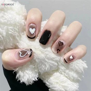 Модный черный френч-пресс на кончиках ногтей в стиле Y2K, прозрачные накладные ногти с сердечками, короткие балетные накладные ногти для женщин и девочек