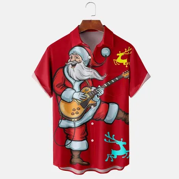 Мужская красная рождественская печать, карман, пряжка, лацкан, рубашка с коротким рукавом, геометрический кардиган, блузки, художественная 3D цифровая печать