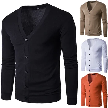 Мужская молодежная мода, однотонный свитер с V-образным вырезом и длинным рукавом, приталенный свитер, теплое пальто, повседневная верхняя одежда, кардиган, куртка, одежда