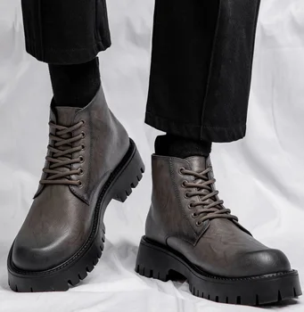Мужская обувь LIHUAMAO, короткие ботильоны, мотоциклетные ботинки на шнуровке с круглым носком, зимние ботинки с высоким берцем на толстой подошве и платформе