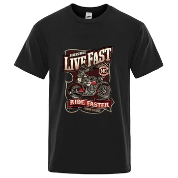 Мужская футболка с принтом Мотоциклиста Live Fast Feel The Ride, Футболка С коротким рукавом, Хипстерский Дизайн С круглым вырезом, Топы, Крутая уличная Футболка