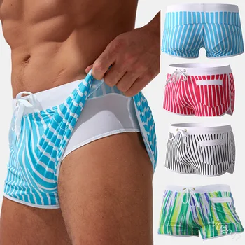Мужские двухслойные пляжные брюки из молочного шелка anti-go, спортивные шорты для бега, спортивные шорты для плавания, вертикальная полоса, скоростные сухие плавки
