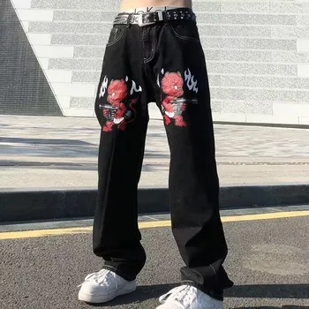 Мужские джинсы с принтом Дьявола High Street Винтажная одежда Y2K Черные мешковатые джинсы Прямые брюки Уличная одежда Широкие брюки Мужские