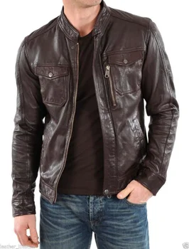 Мужские кожаные куртки Мотоциклетная куртка-бомбер Байкерская коричневая куртка из натуральной кожи пальто из натуральной кожи