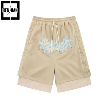 Мужские летние шорты в стиле хип-хоп с вышивкой, спортивная одежда свободного кроя, короткие джоггеры, искусственные замшевые короткие брюки из 2 частей на пуговицах сбоку