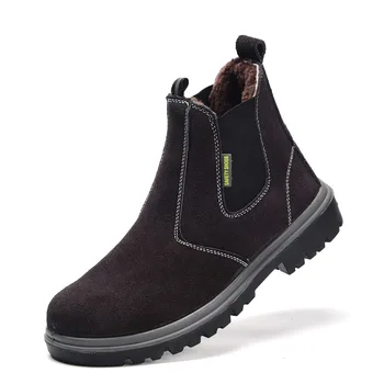 мужские модные защитные ботинки со стальным носком, теплые хлопковые зимние зимние ботинки, рабочая безопасная обувь из коровьей замши, защитные ботинки