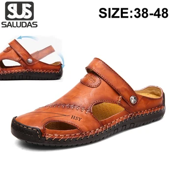 Мужские сандалии SALUDAS, Новые летние мужские повседневные сандалии из натуральной кожи, нескользящие Мягкие пляжные тапочки большого размера для мужчин