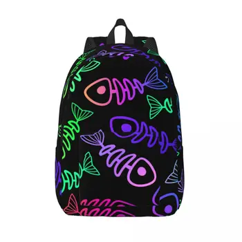 Мужской женский рюкзак, школьный рюкзак большой емкости для студентов, школьная сумка с неоновыми рыбьими скелетами