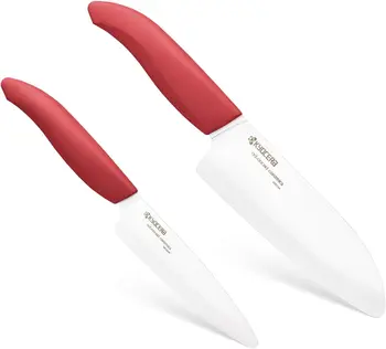 Набор керамических ножей из 2 предметов - 5,5-дюймовый нож Сантоку и 4,5-дюймовый универсальный нож с красными ручками и белыми лезвиями.