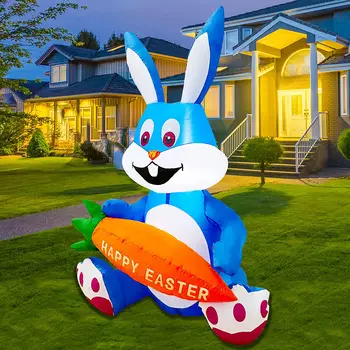 Надувное украшение в виде Пасхального кролика, милый кролик-морковка, встроенные светодиодные фонари, взрывают наружный декор газона во дворе для праздничной вечеринки