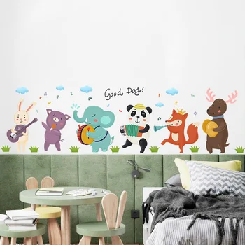 Наклейки на стену с мультяшными животными, играющими в группе, для детской комнаты, макет сцены детского сада для празднования детских мероприятий