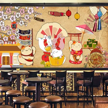 Настенные росписи японской культуры Lucky Cat Sakura, промышленный декор, фон для ресторана для гурманов, суши, обои 3D