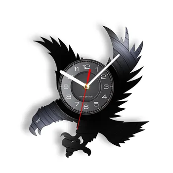 Настенные часы с силуэтом летящего орла, декор для стен, животное, птица, Виниловая пластинка, настенные часы, черные подвесные не тикающие иллюстрации