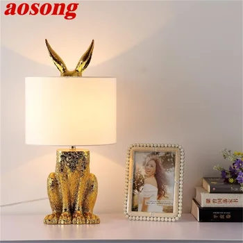 Настольная лампа из смолы AOSONG, современный креативный абажур с золотым кроликом, светодиодный настольный светильник для дома, гостиной