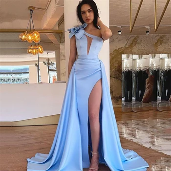 Небесно-голубое платье для выпускного вечера с кристаллами Русалки с высоким разрезом на одно плечо, сексуальное атласное вечернее платье, вечерние платья Vestido De Fiesta