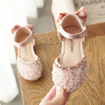 Новая детская кожаная обувь, Детские Сандалии принцессы, свадебные туфли с блестками и бантом, Повседневная танцевальная обувь для девочек, Плоские сандалии, Обувь для девочек