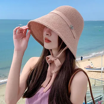 Новая летняя вязаная Панама с веревкой для женщин и девочек, элегантная дышащая Однотонная соломенная шляпа, Пляжные Солнцезащитные Панамы для путешествий, кепки