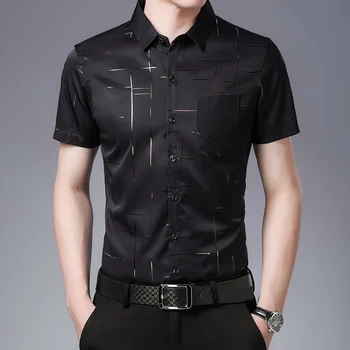 Новая летняя мужская рубашка из ледяного шелка без железа с коротким рукавом, воротник-кардиган, клетчатая повседневная модная рубашка с коротким рукавом, тонкая посадка