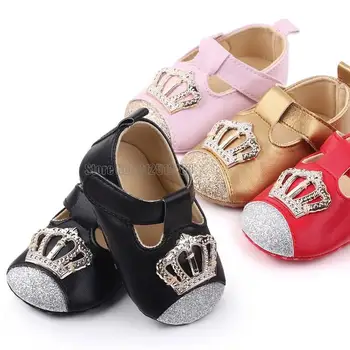 Новая милая розовая корона, блестка, принцесса, хлопчатобумажная обувь для новорожденных из искусственной кожи, обувь для малышей, первых ходунков, детская обувь