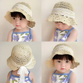 Новая модная Детская Плетеная Соломенная шляпа с лепестковыми полями, защита от солнца, Летние Складные Пляжные Милые Детские шляпы-ведерки для девочек