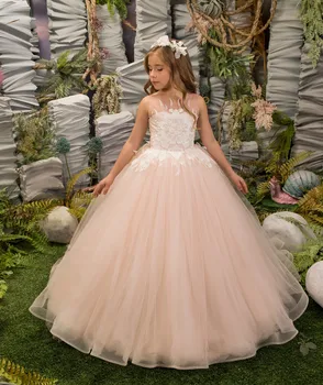 Новое платье принцессы с прозрачным вырезом и цветочным узором для девочек, Детское платье для свадебной вечеринки, Тюлевое Кружевное Платье для Первого причастия для девочек, Праздничное платье