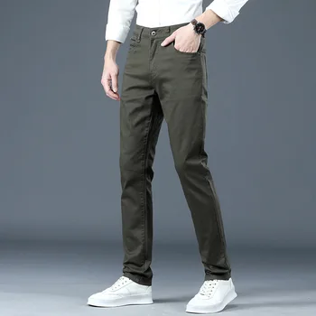 Новые весенние мужские хлопковые тонкие повседневные брюки регулярного кроя 2022, Модные деловые эластичные брюки цвета хаки, мужская одежда