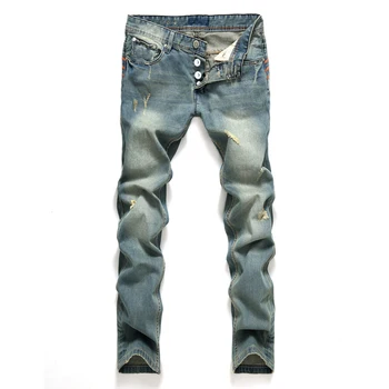 Новые модные джинсы с дырками, джинсовые мужские Длинные брюки, прямые Рваные Потертые брюки, повседневные мужские брюки, бренд Simple Plus Size