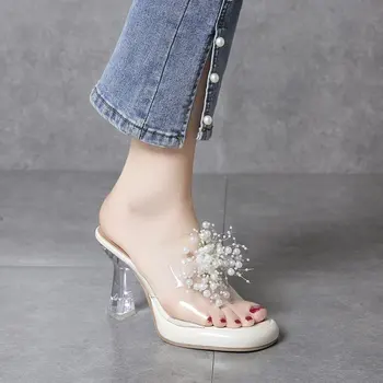 Новые прозрачные туфли из бисера на платформе Женские модные тапочки с открытым носком на каблуках из плексигласа Пляжные сандалии Femme