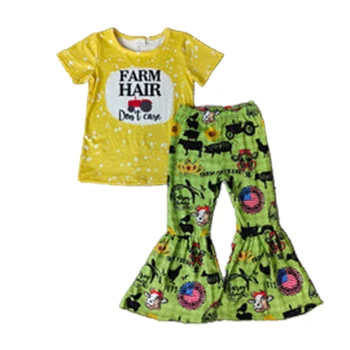 Новый летний комплект одежды для маленьких детей с рисунком коровьей шерсти и принтом для маленьких девочек, комплект расклешенных брюк с коротким рукавом и низом